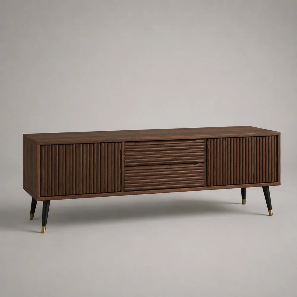 Mobile TV 180 x 40 x 55 cm in MDF effetto noce con ante scanalate e cassetto centrale gambe nere con dettagli oro