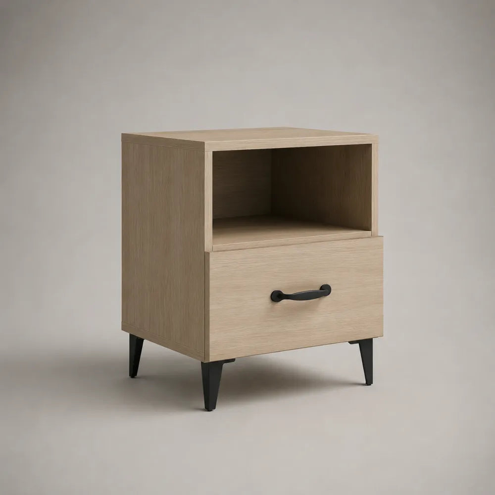 Comodino 45 x 40 x 55 cm con cassetto e vano a giorno in MDF effetto legno naturale con maniglia nera e gambe in metallo nero struttura rettangolare