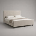 Letto matrimoniale 180 x 200 cm struttura letto con testiera imbottita a righe verticali rivestimento in tessuto poliestere beige gambe in acciaio verniciato nero