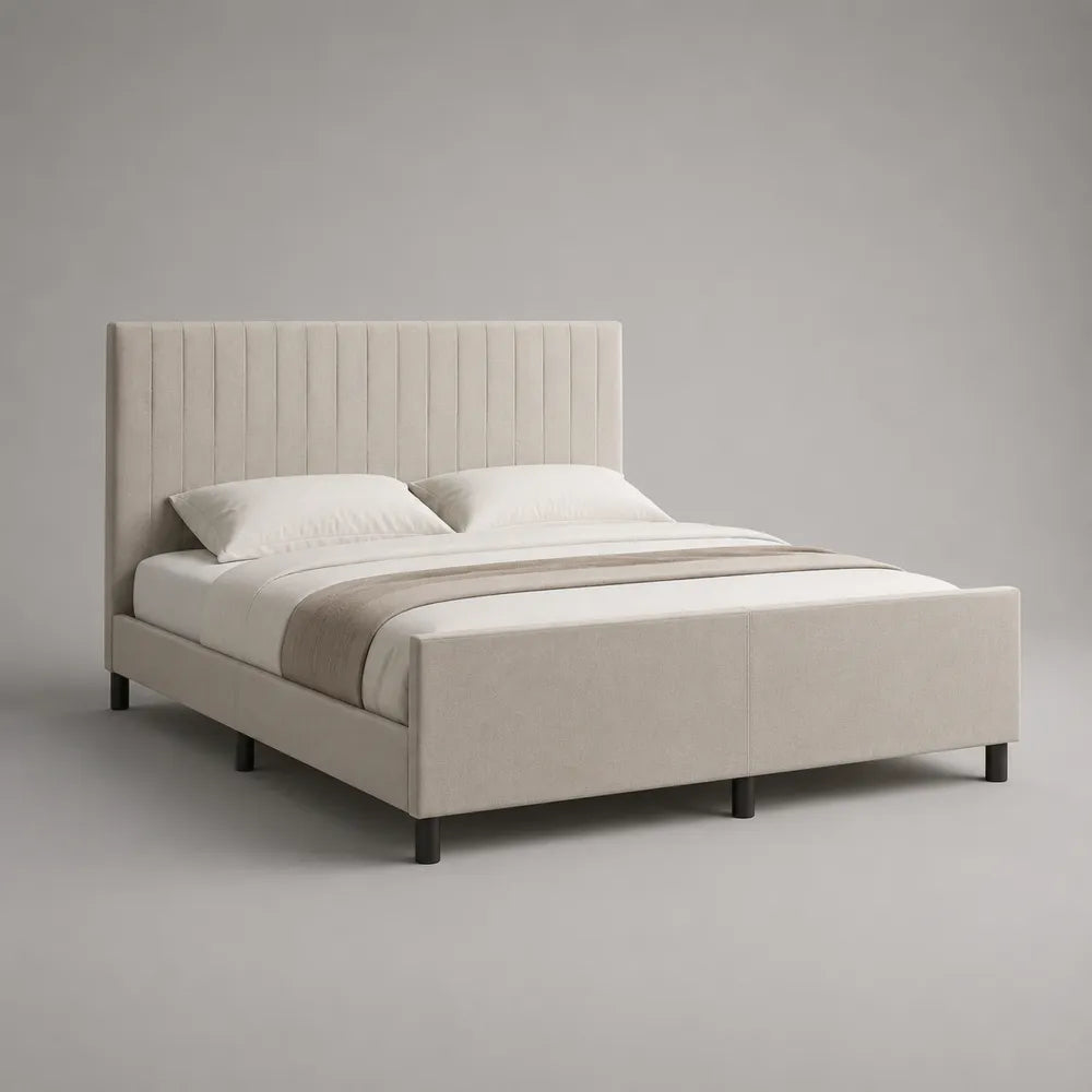 Letto matrimoniale 180 x 200 cm struttura letto con testiera imbottita a righe verticali rivestimento in tessuto poliestere beige gambe in acciaio verniciato nero