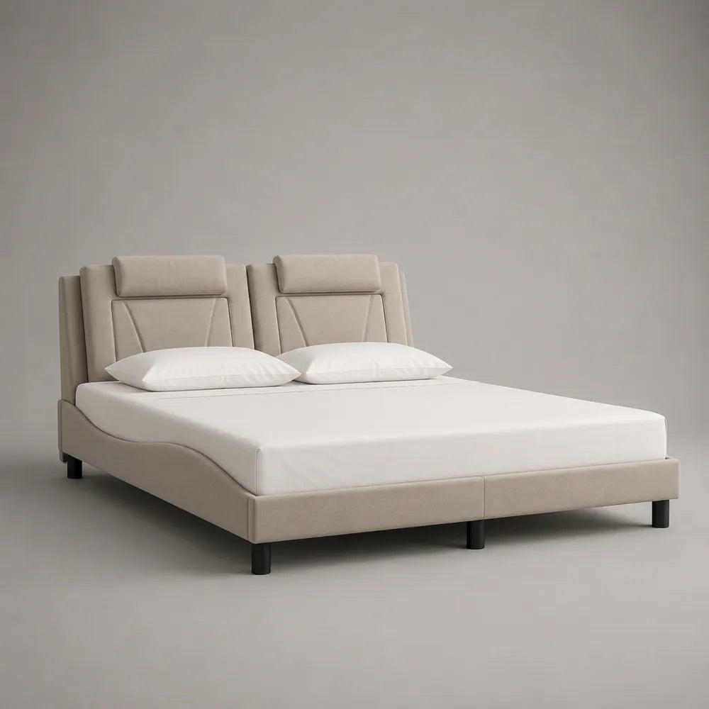 Letto matrimoniale 180 x 200 cm struttura letto con doppia testiera imbottita rivestimento in tessuto poliestere beige gambe in acciaio nero