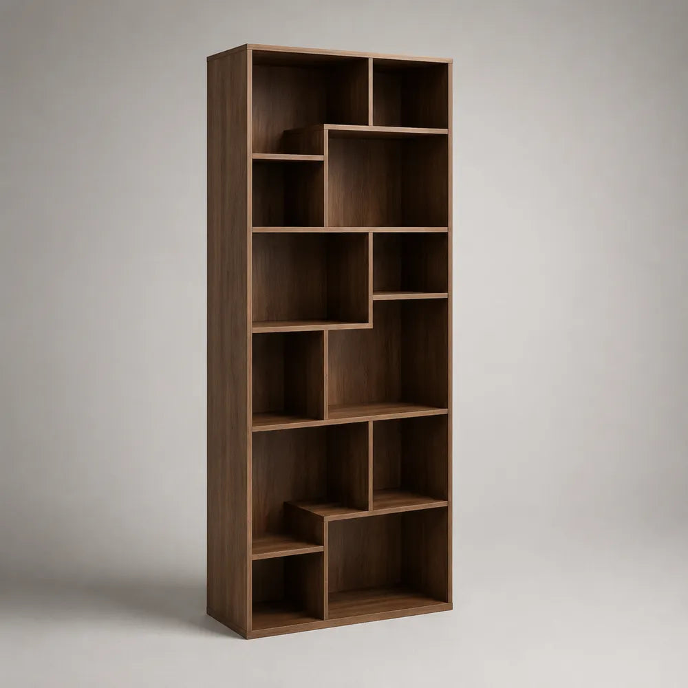 Libreria 80 x 25 x 180 cm in pannello truciolare effetto noce con ripiani asimmetrici struttura rettangolare verticale