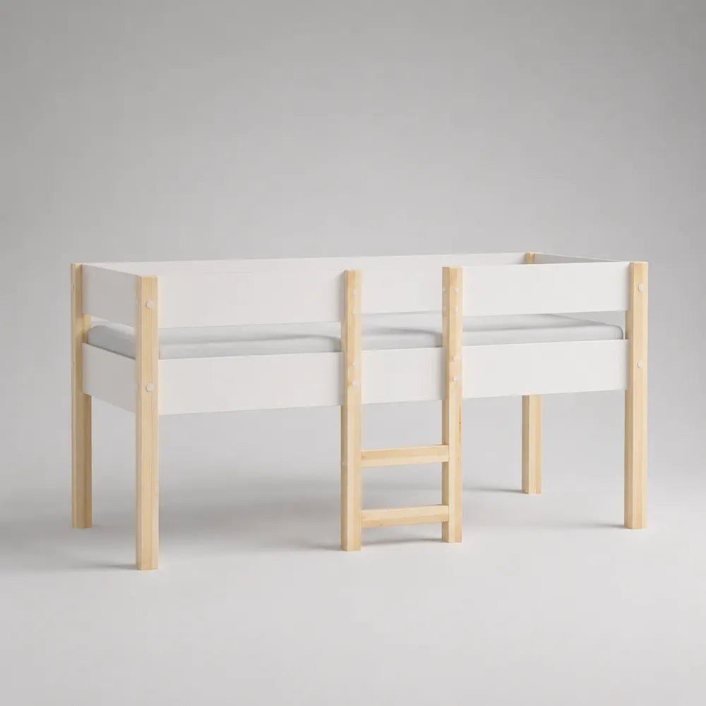 Letto a soppalco singolo 90x200 cm struttura in legno pino e MDF bianco con scala centrale