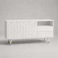 Mobile TV rettangolare 160 x 40 x 58 cm in MDF laccato bianco con ante e cassetti decoro geometrico oro struttura con vano aperto