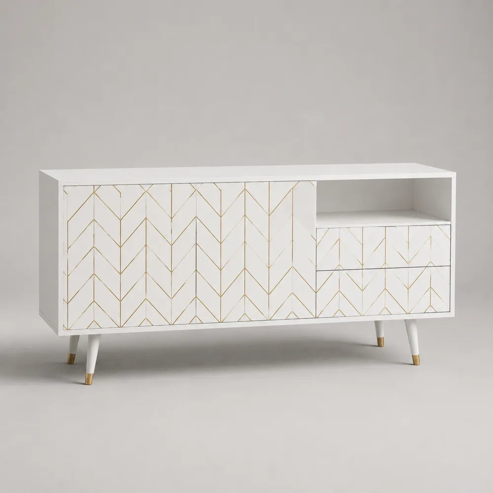 Mobile TV rettangolare 160 x 40 x 58 cm in MDF laccato bianco con ante e cassetti decoro geometrico oro struttura con vano aperto