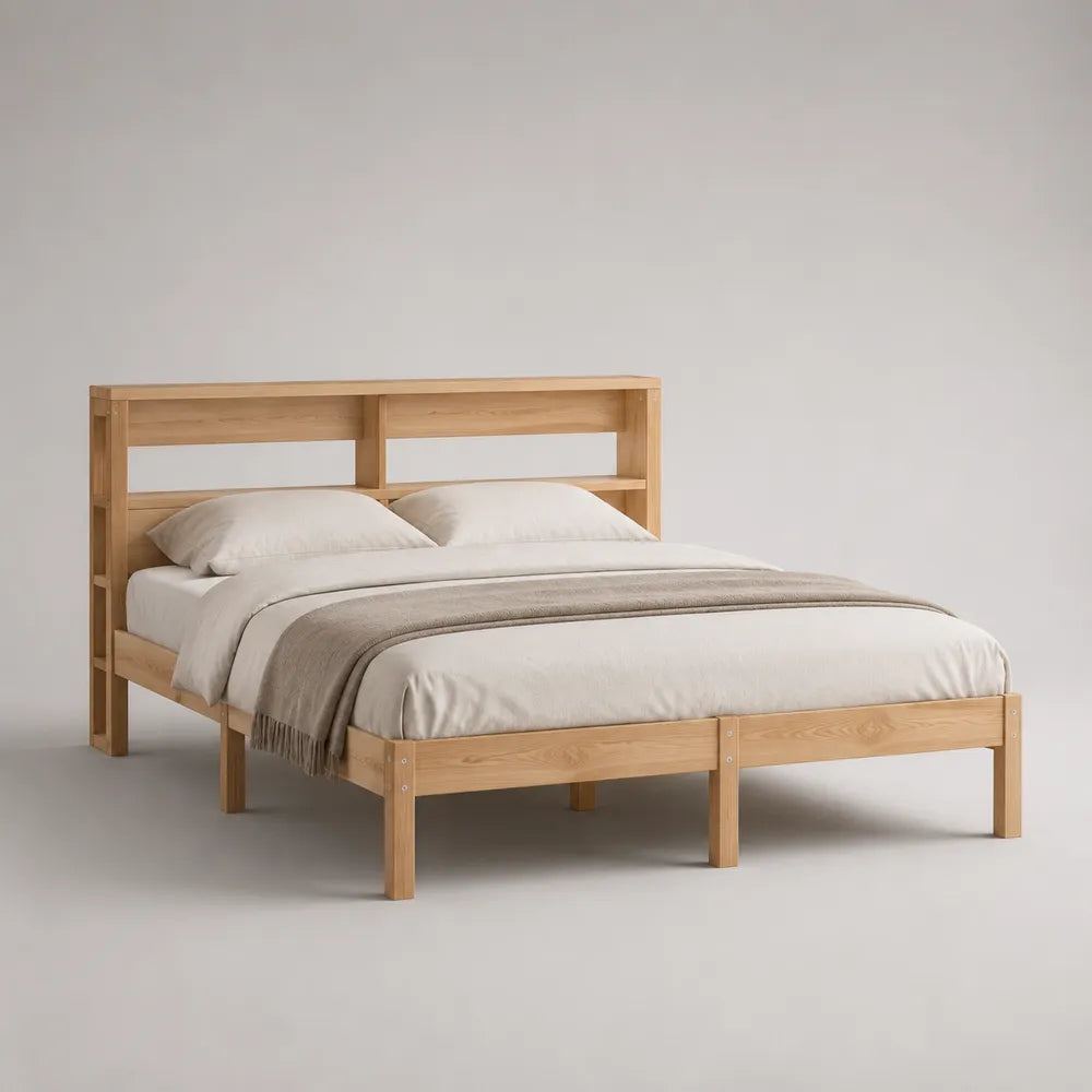 Letto matrimoniale 180 x 200 cm struttura in legno massello di pino naturale con testiera a ripiani integrati senza contenitore