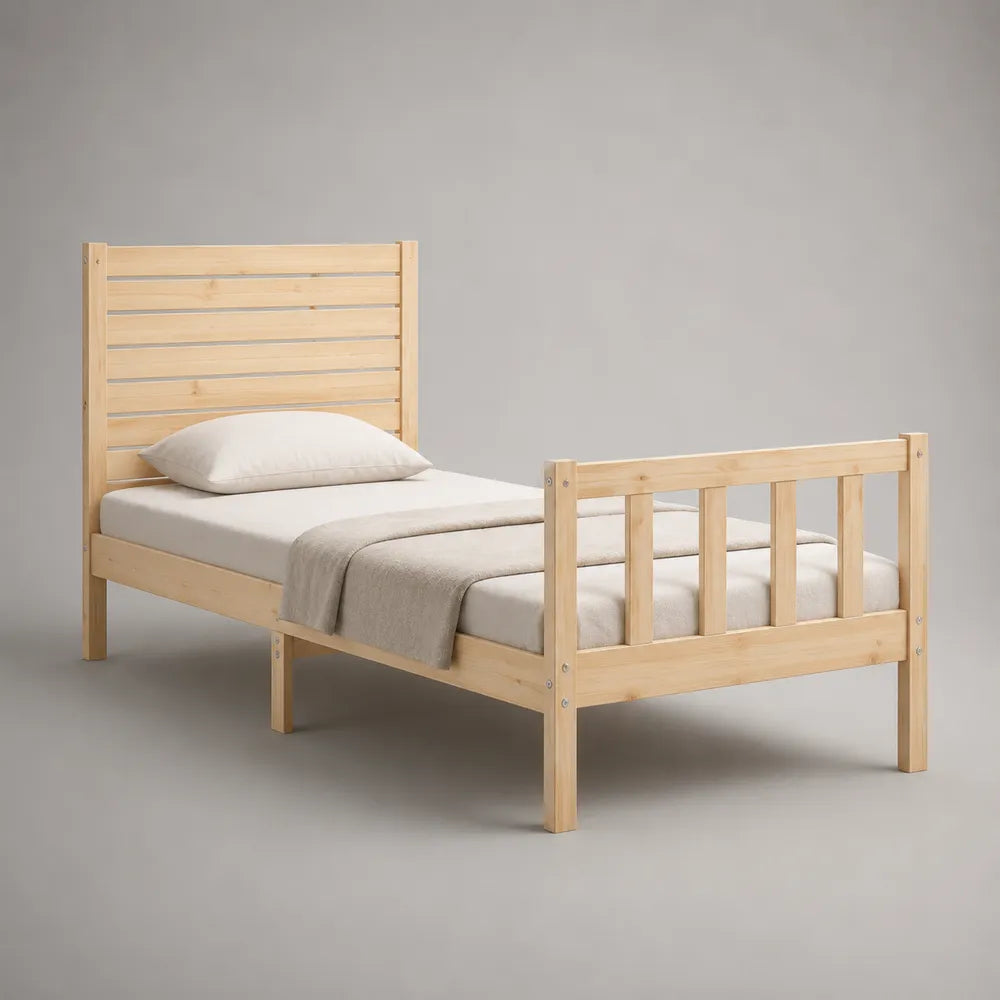 Letto singolo 90x200 cm struttura in legno massello di pino colore legno naturale con testiera e pediera a doghe rettangolari