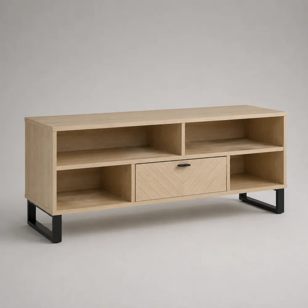Mobile TV soggiorno rovere chiaro con cassetto e vani aperti struttura in truciolare melaminico gambe in metallo nero 180 x 40 x 55 cm