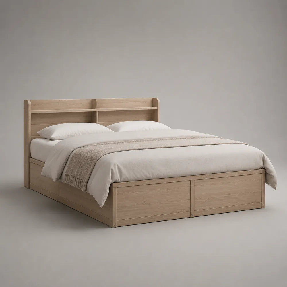 Letto matrimoniale 160 x 200 cm struttura in legno effetto rovere con testiera a ripiani e cassetti laterali contenitore