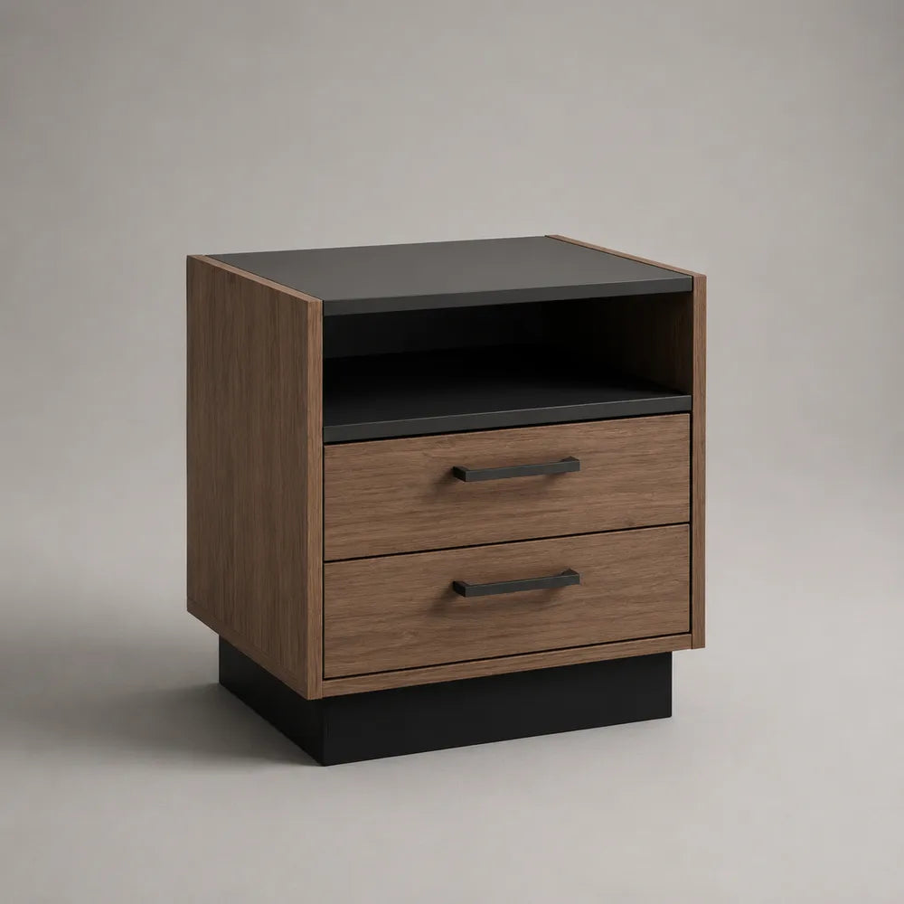 Comodino 55 x 40 x 60 cm con due cassetti e vano a giorno in MDF effetto noce e piano nero struttura rettangolare con base a zoccolo