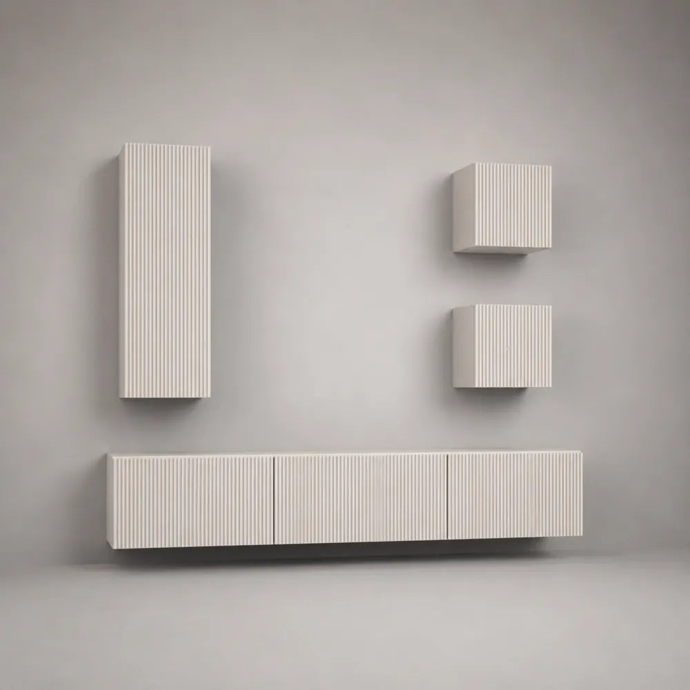 Mobile TV modulare sospeso bianco rigato 180 x 35 x 120 cm in pannello MDF e truciolare con pensili a parete