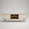 Mobile TV 180 cm 40 cm 50 cm rovere chiaro con ante a doghe crema vano centrale aperto e gambe in legno massello forma rettangolare