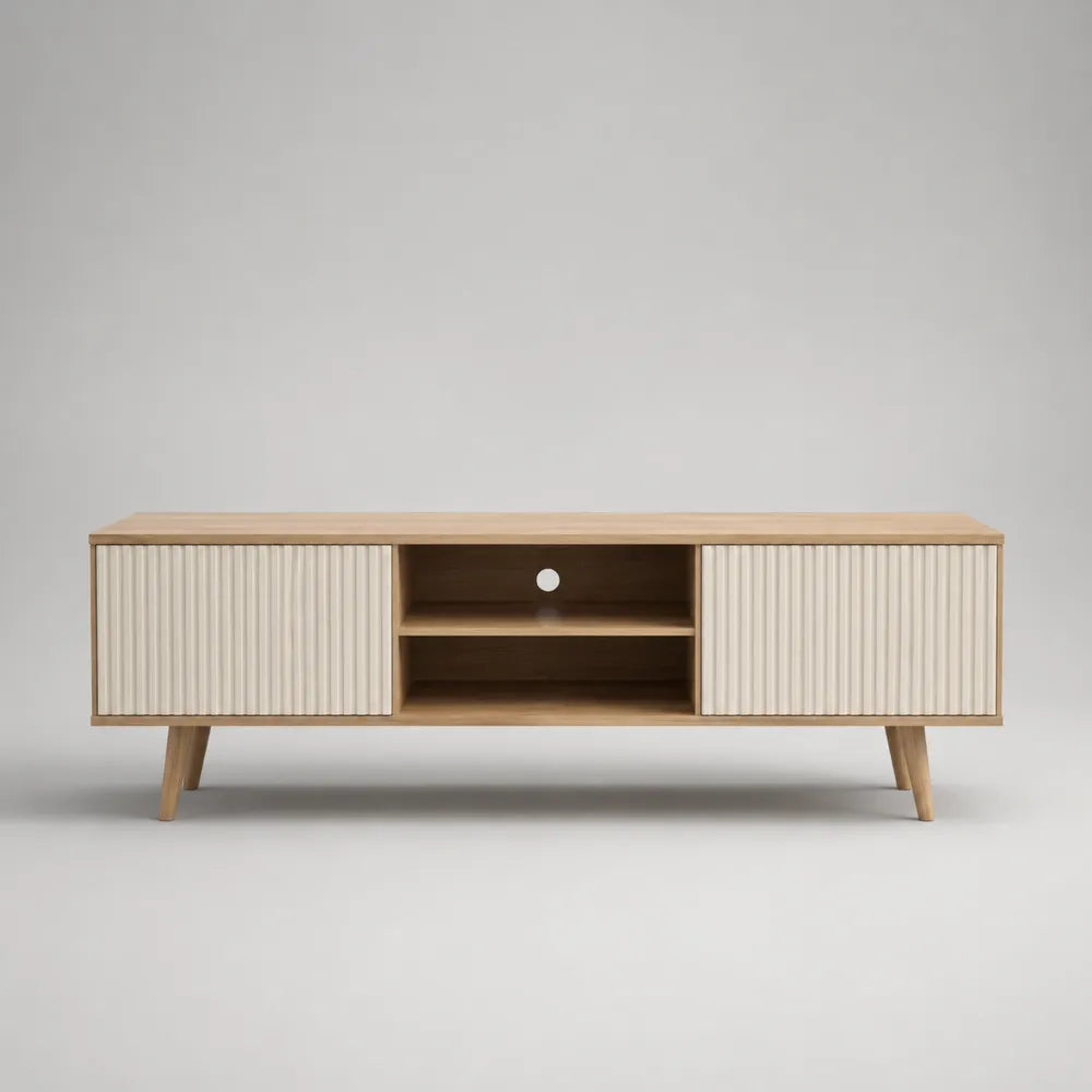Mobile TV 180 cm 40 cm 50 cm rovere chiaro con ante a doghe crema vano centrale aperto e gambe in legno massello forma rettangolare