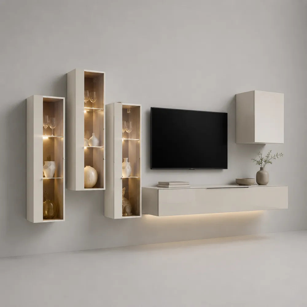 Composizione TV da parete 260 x 35 x 180 cm in MDF melaminico beige e bianco con vetrine illuminate e pensile sospeso