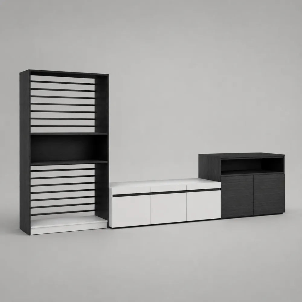 Parete attrezzata TV componibile 300 x 40 x 180 cm in MDF effetto frassino nero e bianco opaco con moduli contenitori