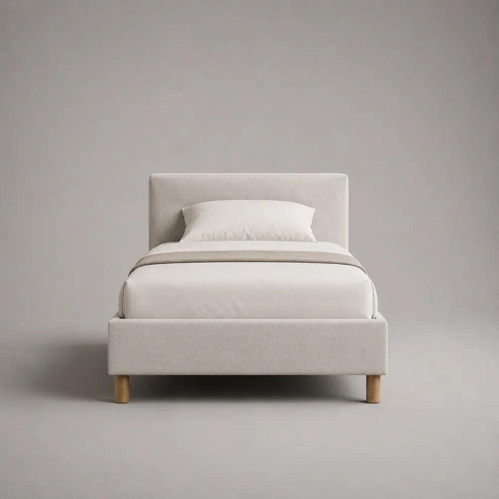 Letto singolo 90 x 200 cm struttura letto imbottita rettangolare in tessuto poliestere colore beige con testiera semplice e gambe in legno