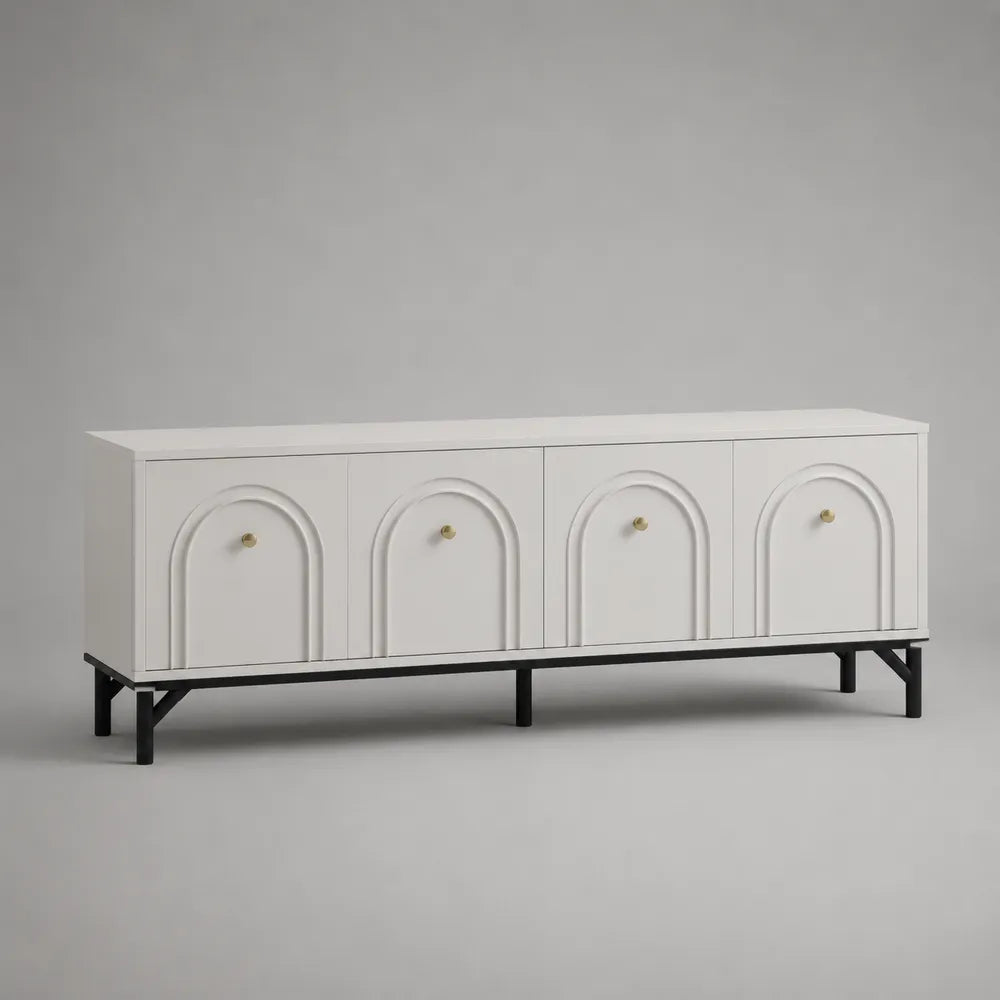 Mobile TV rettangolare 200 x 40 x 55 cm in MDF melaminico bianco con 4 ante ad arco struttura in metallo nero e pomelli oro